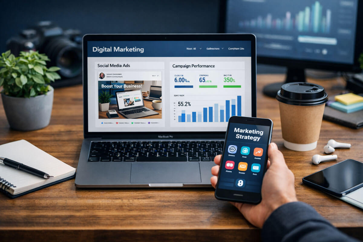 digital marketing blog Digital marketing workspace showing online promotion and content creation on laptop